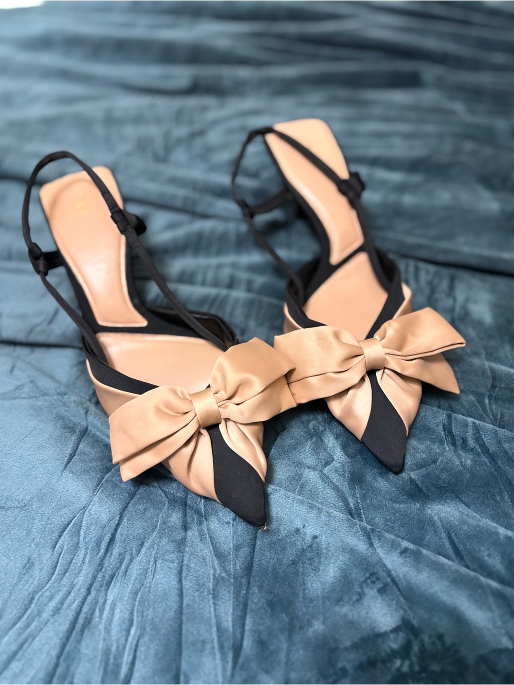 Zara Two-Tone Pointed Slingback Heels with Bow - Beige and Black